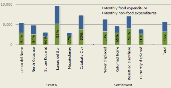 Figure 29 -  Food and non-food expenditures (PhP/month) by strata and settlement status